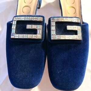 Gucci Madelyn Crystal Logo Blue Velvet Mules - Worn Once - Eu Size 39
